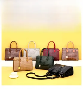 Detailed collection of crocodile pattern handbags in seven colors on display stands