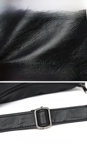 Detail of black lychee grain leather texture and durable silver metal strap buckle
