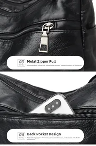 Detailed macro view of black textured leather bag with back zipper pocket and metal slider