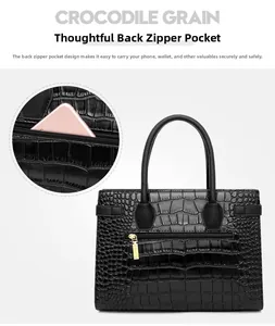 Detail of black crocodile texture handbag featuring secure back zipper pocket for phone