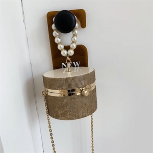 Mini Rhinestone Cylindrical Evening Bag Handbag Faux Artificial Pearl Handle Metal Chain Strap Glitter Glamorous Women