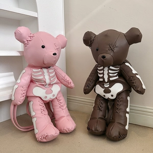 Bear-shaped leather backpacks with gothic skull skeleton prints in pink and brown colors