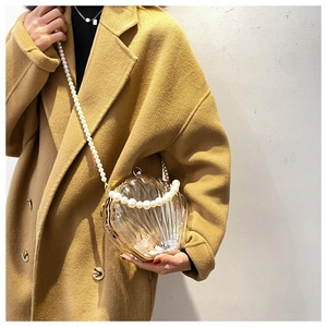 Vue détaillée du sac coquille en acrylique transparent avec une chaîne en perles chic
