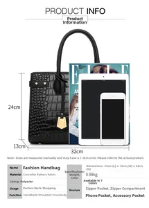 Detail view of black crocodile pattern handbag with size dimensions 32x13x24cm and interior