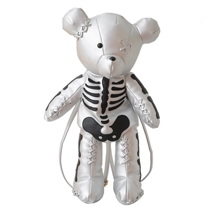 Silver leather teddy bear backpack with skeleton print and punk cross-stitch details
