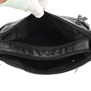 Black washed leather crossbody bag for women with multi-compartment zipper design