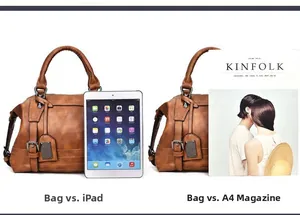 Size comparison of retro brown Boston bag showing capacity for iPad and A4 magazines