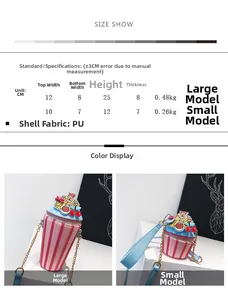 Size chart for ice cream bucket bag showing dimensions and weights for large and small models