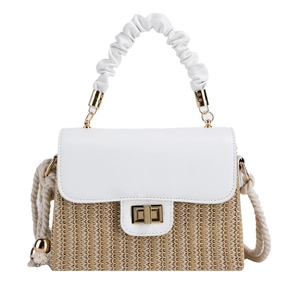 Minimalist straw woven handbag with white pleated handle and golden twist-lock closure