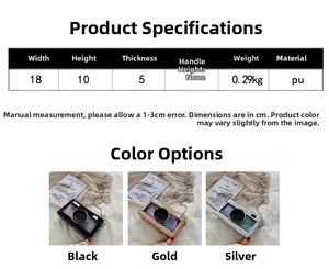 Detailed size chart for camera-shaped crossbody bag in black, gold, and silver finishes
