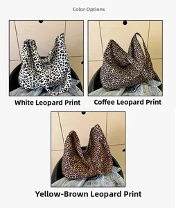 Detailed color options of leopard print canvas tote bags in white, coffee, and brown