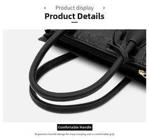 Detailed macro view of crocodile pattern texture and ergonomic handle on black handbag