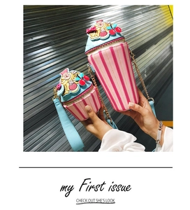 Detail of creative cupcake shaped crossbody bag with pink stripes and cherry embroidery