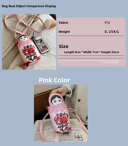 Detailed size and specs of pink PU leather Russian matryoshka doll crossbody bag