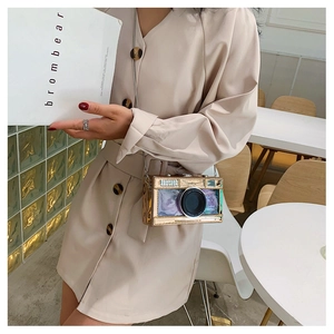 Creative camera-shaped crossbody bag with gold finish and transparent window detail
