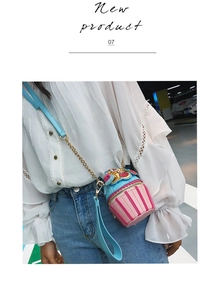 Mini cupcake-shaped crossbody bag with pink stripes and blue cream top on model