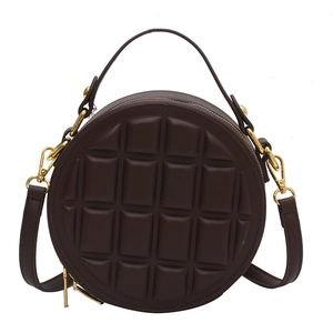 Chocolate brown round crossbody bag with rhombus embossed pattern and gold hardware