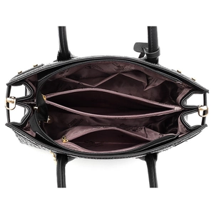 Black crocodile embossed handbag featuring multiple internal compartments and purple lining
