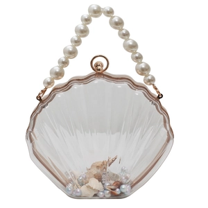 Sac à main transparent en acrylique en forme de coquillage avec perles et métal
