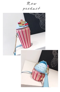 Detail of creative cupcake shaped crossbody bag with pink stripes and cherry detail