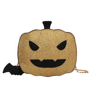 Halloween gold sequin pumpkin crossbody bag with bat charm and gold chain strap