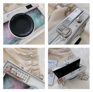 Detail of silver camera-shaped box bag with chain strap and colorful feather interior
