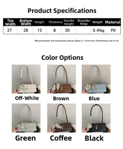 Size guide for crocodile pattern shoulder bag showing dimensions in cm and six color options