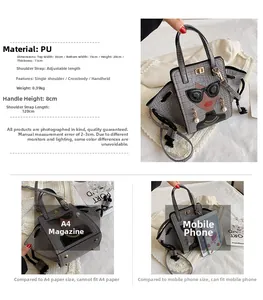 Detail view of crocodile pattern bag with cartoon face and pearl decor showing dimensions