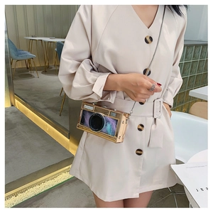 Close-up of camera-shaped crossbody bag with champagne gold finish and feather detail