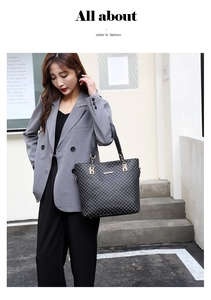 Detailed view of tote bag with geometric pattern and gold chain on street fashion model