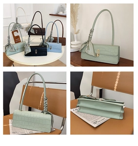 Detail view of crocodile pattern leather shoulder bags with elegant silk scarf handle decoration