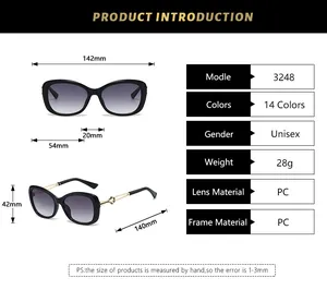 Size chart showing 142mm butterfly frame sunglasses with detailed dimensions and specs