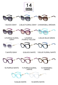 Collage of 14 choice colors for butterfly frame sunglasses with metal chain temple detail