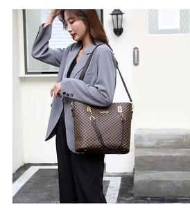 Outdoor shot of a classic brown checkered tote bag with double leather handles