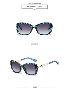 Front and side view of butterfly sunglasses with blue floral frames and gold metal temples