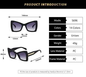 Detailed size specifications of oversized butterfly sunglasses with purple gradient lenses