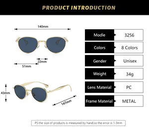 Tableau des tailles pour lunettes de soleil rétro montrant les dimensions du cadre en métal
