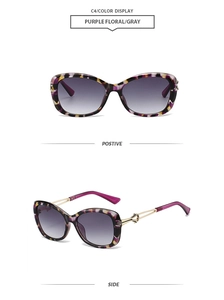 Detail view of purple floral butterfly frame sunglasses with gray gradient lenses