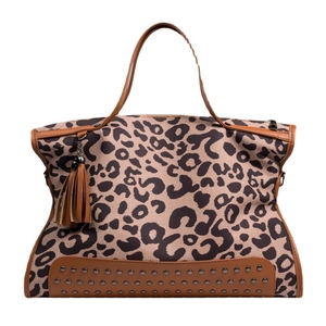 Borsa tote leopardata in tela con finiture in pelle, nappa e borchie decorative