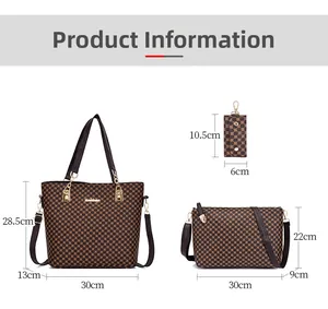 Detailed dimension guide for the 3-piece tote bag set with grid pattern and gold hardware