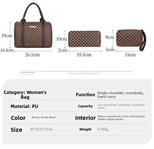 Size chart showing brown checkered PU tote bag, wallet and clutch dimensions in cm