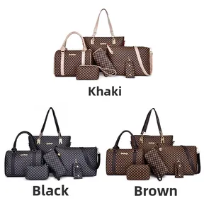 Detail view of khaki, black and brown checkered pattern tote bag and wallet set