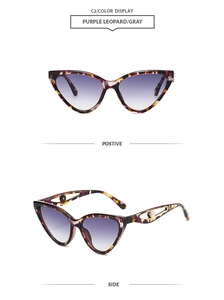Vue détaillée des lunettes de soleil œil-de-chat léopard violet avec détails métalliques