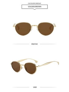 Vue détaillée de lunettes de soleil rondes en métal doré avec verres bruns de face et de profil