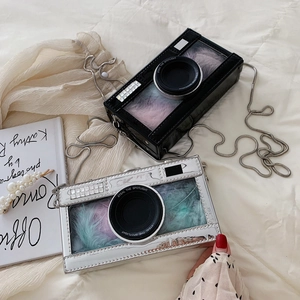 Fashionable camera-shaped crossbody box bag with transparent window and metal chain strap