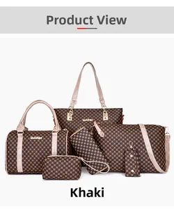 Detail view of 6-piece khaki handbag set featuring geometric monogram pattern