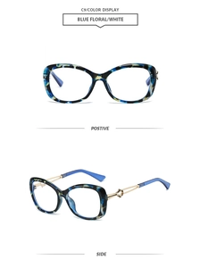 Detail view of butterfly frame sunglasses in blue floral and white tortoise shell texture