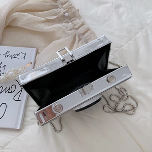 Fashionable silver mirror camera-shaped clutch bag with detachable metal chain strap