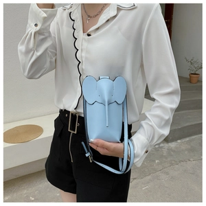 Detailed view of sky blue elephant shaped leather crossbody mobile phone bag for women