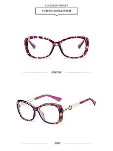 Detail of purple floral butterfly sunglasses with golden knot temples and dual view